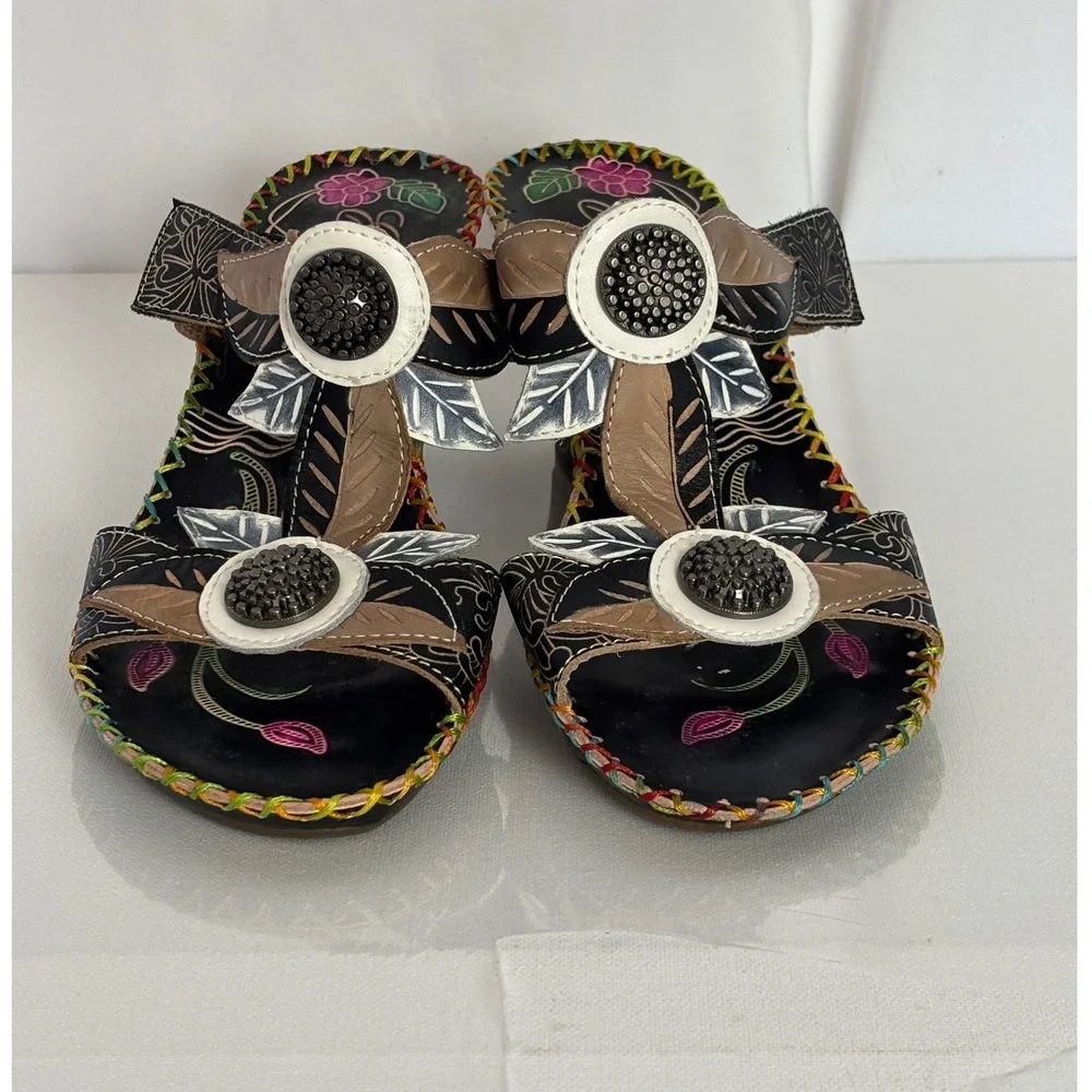 Elite‎ by Corkys Cactus Floral Leather Wedge Sandals Black Art US 9 EU 39